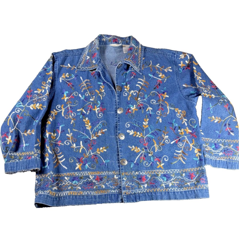 Units Womens XL Embroidered Denim Jacket Floral Boho Western Jean Coat Blue